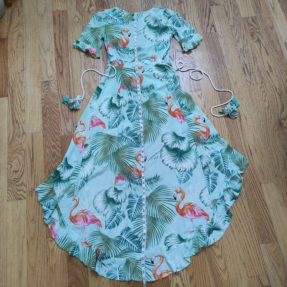 Z&L Europe Flamingo High Low Wrap Dress Women's XS ruffle palm tropical - Picture 5 of 13